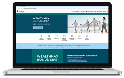 Laptop with WealthMax bonus life microsite on screen