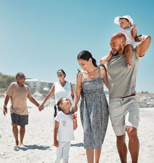 Multi generational family walking on the beach